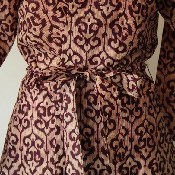 Vintage 1960s 1970s Dress, Burgundy and Ivory Batik Ethnic Print Wrap Dress - Picture 4 of 10